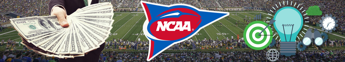 Banner de estrategia de fútbol universitario - logotipo de la NCAAF - mano sosteniendo dinero