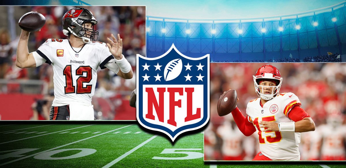 Tom Brady y Patrick Mahomes con el logo de la NFL