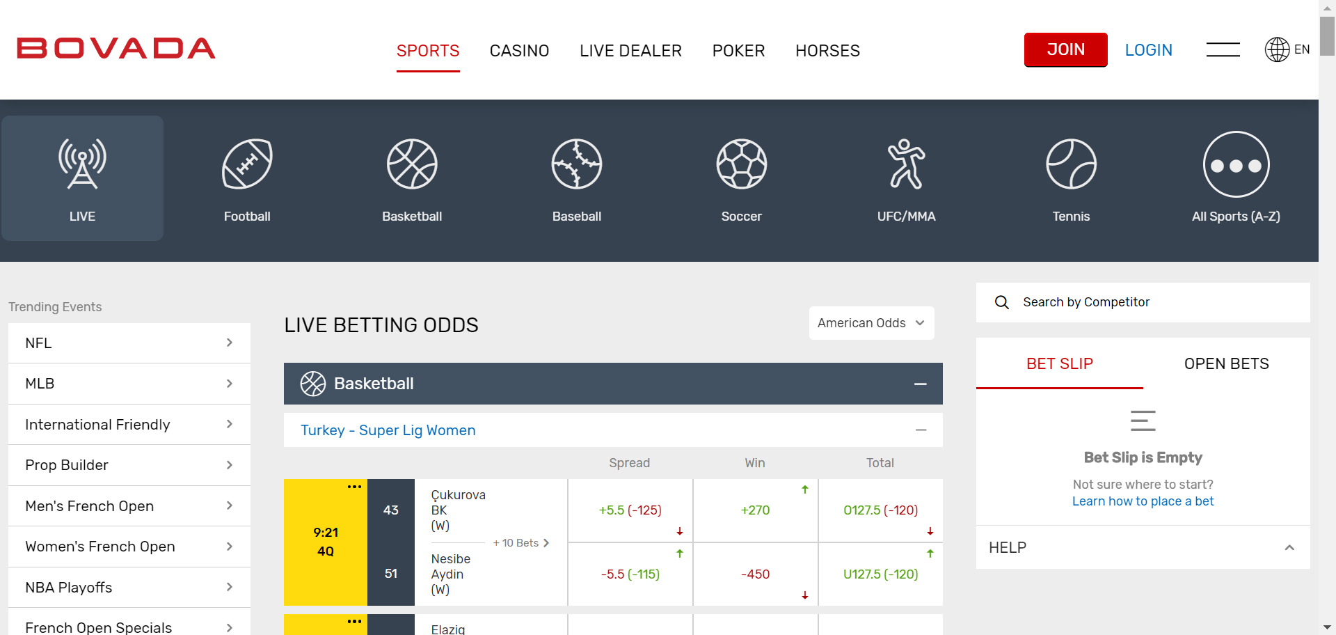 La sección de apuestas en vivo de la captura de pantalla de Bovada Sportsbook