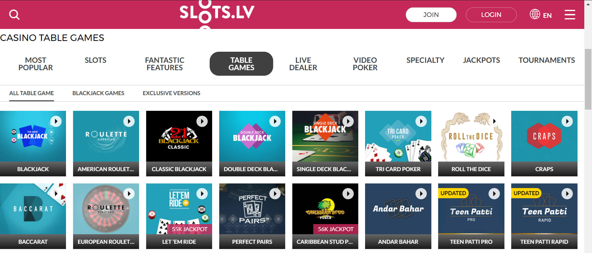 Captura de pantalla de la sección de juegos de mesa de Slots.lv