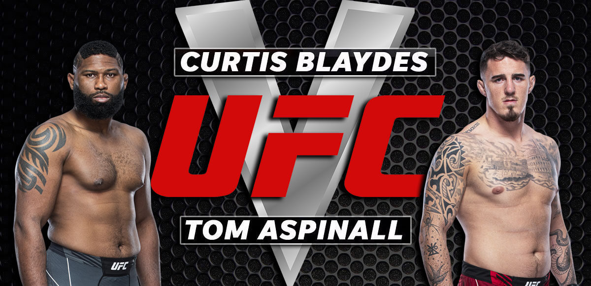 Curtis Blaydes y Tom Aspinall contra el fondo rojo de UFC